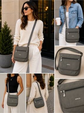 Baggallini Gray Nylon Crossbody Travel Bag Yellow Lining Adjustable Strap 10x10
